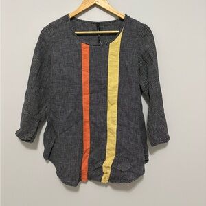 Khangura Boho Artsy Linen Blend Multi Stripe Panel Tunic Black Patterned